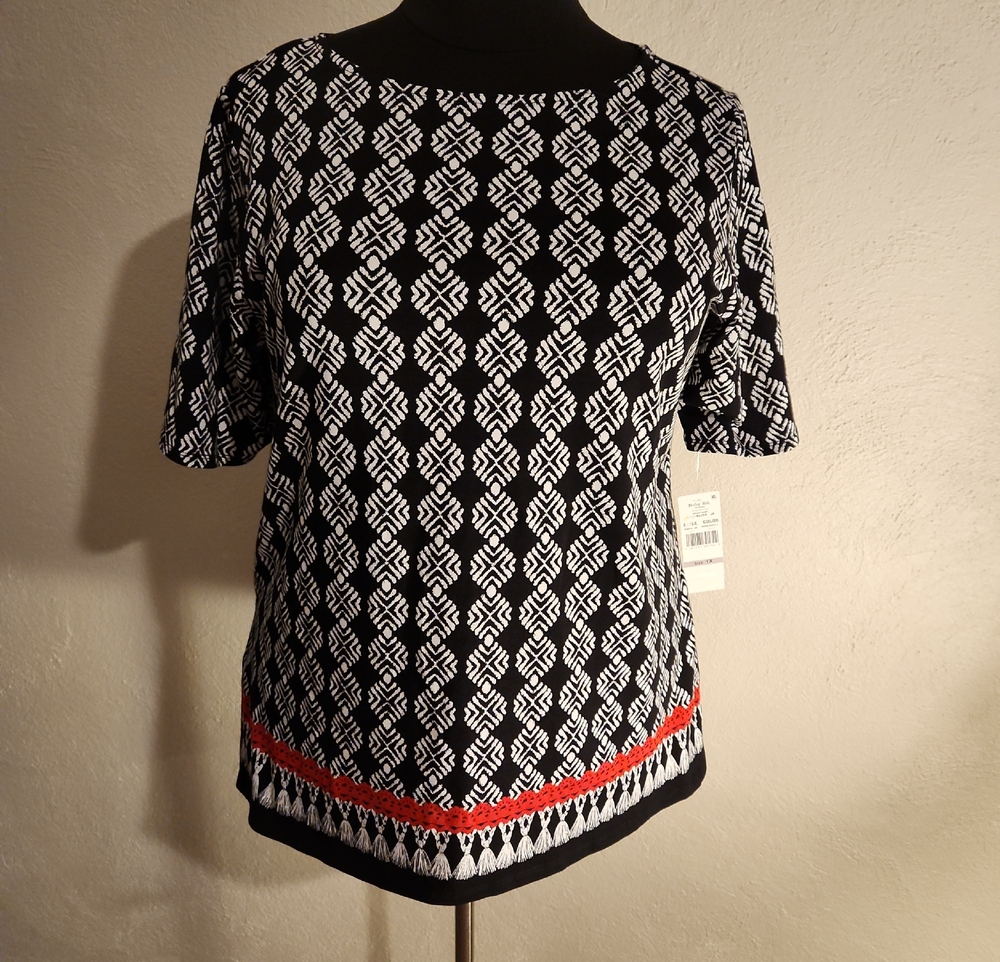 Ruby Rd. Women's 1X  Black & White Patterned Short-Sleeve Top with Red Trim NWT